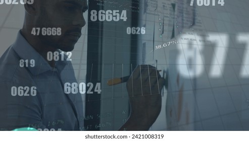Changing numbers and financial data processing against man writing on memo notes on white board. global business and finance concept