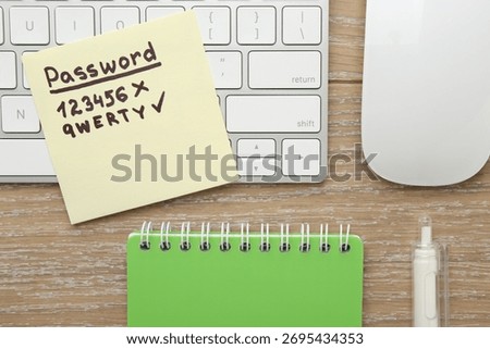 Changing password. Sticky note with weak and strong passcodes, computer keyboard, mouse and stationery on wooden table, flat lay