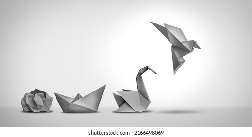 Changing for success as a leadership and business change through innovation and evolution of ability as a crumpled paper transforming into a boat then a swan and a flying bird as a metaphor. - Shutterstock ID 2166498069