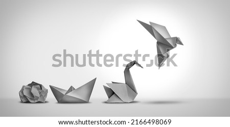 Changing for success as a leadership and business change through innovation and evolution of ability as a crumpled paper transforming into a boat then a swan and a flying bird as a metaphor.
