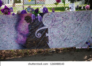 CHANHASSEN, MINNESOTA USA - MAY 04, 2016: Large Memorial Banner With Prince, His Love Symbol And Notes Of Appreciation At Paisley Park Studios. 