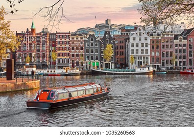 Channel In Amsterdam Netherlands Houses River Amstel Landmark Old European City Spring Landscape.