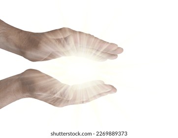 Channeling Pure Healing Energy - male parallel hands isolated on white background with a bright glowing energy orb between 
				