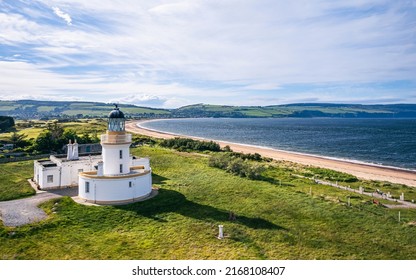 Chanonry Lighthouse on the Black Isle from a drone, Chanonry Point, East Coast of Scotland, UK