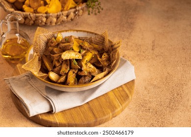 Chanterelle mushrooms fried in ceramic bowl, herbs for roasted chanterelles thyme, oil and cloth. Raw chanterelles on a dark brown background of wooden table. - Powered by Shutterstock