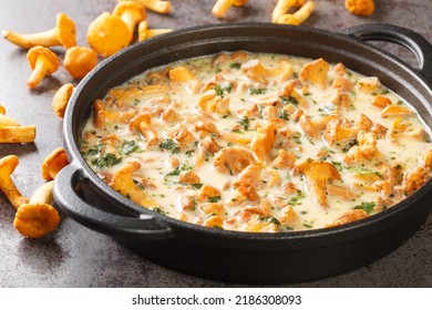 Chanterelle with white wine cream sauce closeup in a pan on a table. Horizontal - Shutterstock ID 2186308093