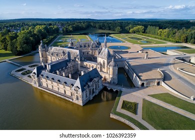 Chantilly, France - 12 July 2017 : Drone View Of The Chantilly Castle (Château De Chantilly ). Historic Chateau Located In Town Of Chantilly, Oise, Picardie, France