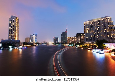 Chao Phraya River Night Scene In Bangkok, Thailand