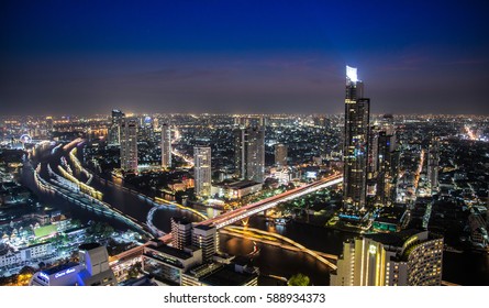 Chao Phraya River night view from Lebua State Tower hotel in Bangkok, Thailand.