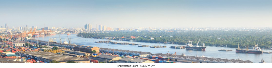 Chao Phraya River, Shipping, Bangkok Port, And Bangkok Metropolitan Region. Wide Panorama Landscape. Thailand.