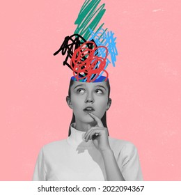 Chaos in girl's head and hurricane of thoughts. Modern design, contemporary art collage. Inspiration, idea concept, trendy urban magazine style. Back to school. Line art