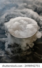 A chaotic eruption of dry ice explodes in a frenzy of swirling white mist. The force of the blast sends shards of ice flying in every direction, creating a mesmerizing and dangerous spectacle. 