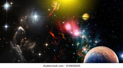 Chaotic space background. Planets, stars and galaxies in outer space showing the beauty of space exploration. The elements of this image furnished by NASA.
