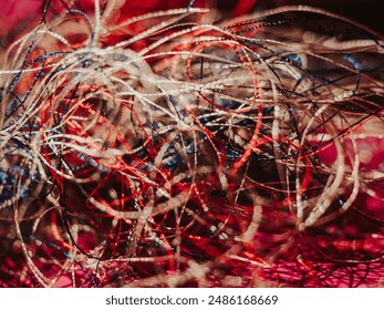 Chaotically tangled threads. Embroidery threads randomly woven. Huge knot. Extreme macro. Beautiful story for intro. Title credits. Abstract screensaver. Handicraft concept, entropy, disorder measure