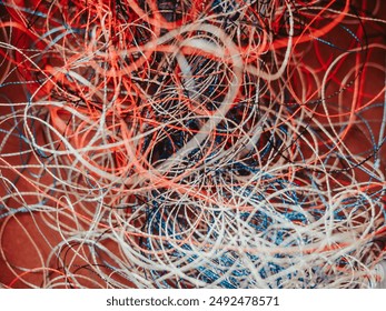 Chaotically tangled threads. Embroidery threads randomly woven. Huge knot. Extreme macro. Beautiful story for intro. Title credits. Abstract screensaver. Handicraft concept, entropy, disorder measure
