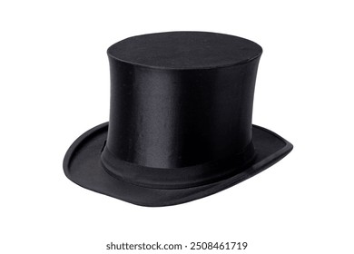 Chapeau claque. Antique black top hat. Old top hat. Folding cylinder. Cylinder hat isolated on a white background. Vintage men fashion. Clipping path.