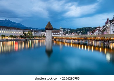 Kapellbrücke (Chapel Bridge) At Dusk, Lucerne, Switzerland