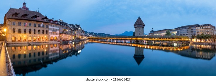 Kapellbrücke (Chapel Bridge) Panorama At Night, Lucerne, Switzerland