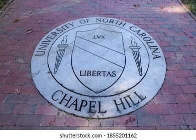 Chapel Hill, NC / USA - October 21, 2020: The University Of North Carolina Chapel Hill Seal In Brick Walk Way.