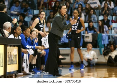 CHAPEL HILL, NC-FEB 28: Duke Blue Devils Head Coach Joanne P. McCallie Reacts On The Sidelines Against The University Of North Carolina Tar Heels On February 28, 2016 At Carmichael Arena.