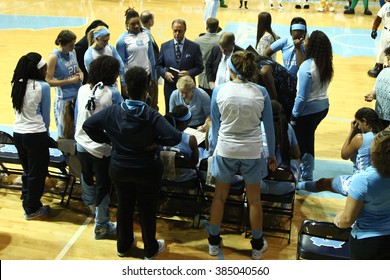 CHAPEL HILL, NC-FEB 28: Duke Blue Devils Head Coach Sylvia Hatchell Speaks To The Team Against The University Of North Carolina Tar Heels On February 28, 2016 At Carmichael Arena.