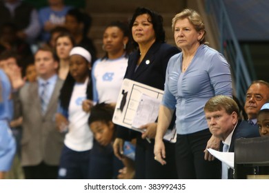 CHAPEL HILL, NC-FEB 28: University Of North Carolina Head Coach Sylvia Hatchell (R) Reacts On The Sidelines Against The Duke Blue Devils During The First Half On February 28, 2016 At Carmichael Arena.