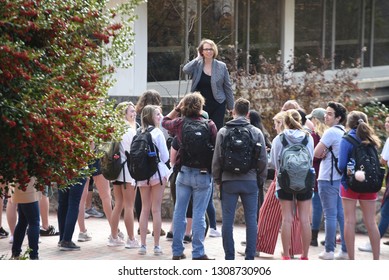 Chapel Hill, NC/United States- 02/06/2019: A Teacher Speaks With High School Students During A Tour Of A College Campus. 