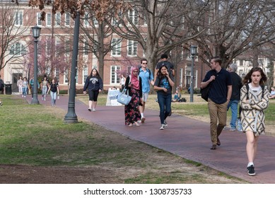 Chapel Hill, NC/United States- 02/06/2019: College Students Walk Across The Campus Of UNC-Chapel Hill. 