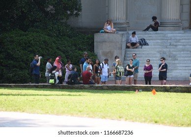 Chapel Hill, NC/USA- 08/28/2018:  Individuals Participate In A Guide Tour Of The UNC Campus On A Hot Morning. 