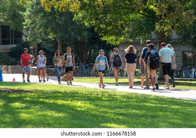 Chapel Hill, NC/USA- 08/28/2018: UNC Chapel Hill Students Walk Between Classes On A Muggy Morning.