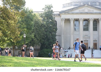 Chapel Hill, NC/USA- 08/28/2018: UNC Chapel Hill Students Walk Between Classes On A Muggy Morning.