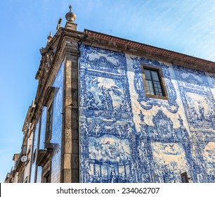 Chapel Of Souls In Porto, Covered By White And Blue Drawn Tiles In Porto, Portugal.