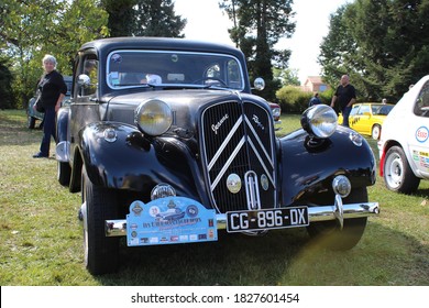 Chaponnay, France - 09 10 2017 : Citroën Traction Avant, Black Vintage Sedan Car, Collection Of Vintage Cars Called 