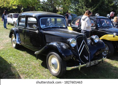 Chaponnay, France - 09 10 2017 : Citroën Traction Avant, Black Vintage Sedan Car, Collection Of Vintage Cars Called 