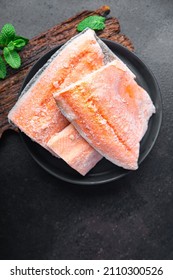 Char Fish Frozen Raw Seafood Freezy Cooking Red Fish Pieces Long-term Storage Healthy Meal Food Snack On The Table Copy Space Food Background Rustic Top View Pescatarian Diet