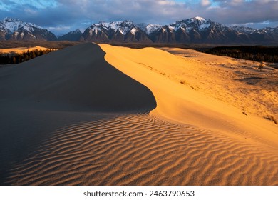 Chara Sands, Kodar nature reserve.Ripples in the sand dunes are highlighted by the warm glow of a rising sun. IIn the background, majestic snow-capped mountains stand tall against a partly cloudy sky, - Powered by Shutterstock