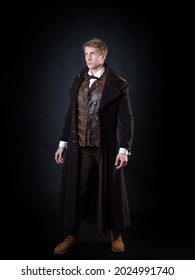 the character of the steampunk story, a young attractive man in an elegant long coat. intelligent gentleman in the Victorian style. Vintage retro suit, young attractive man in a vest and bow tie
