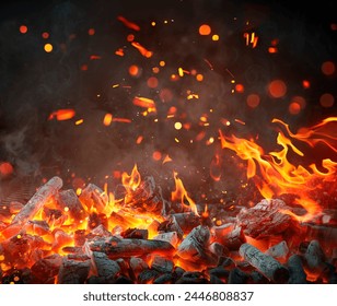 Charcoal For Barbecue Background - Hot Flames And Abstract Defocused Sparks