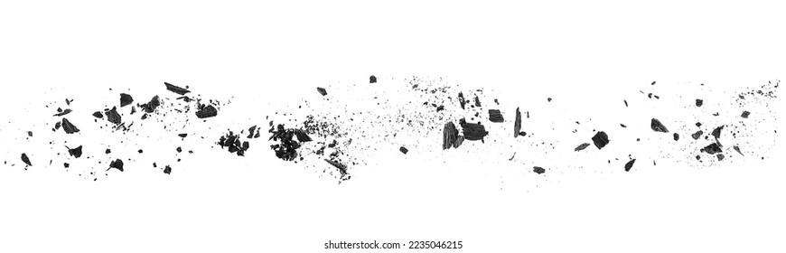 Charcoal dust scattered isolated on a white background, top view. Wooden charcoal. Black coal powder. - Shutterstock ID 2235046215