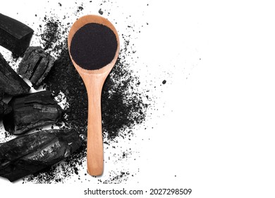 Charcoal And Charcoal Powder On Wooden Spoon. Skin Care,Health Care,body Wash Gel Beauty Concept.Isolate On White Background With Clipping Mask Path. Above Top View.