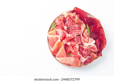 Charcuterie board. Antipasti appetizers of meat platter with salami, prosciutto crudo or jamon and olives.  - Powered by Shutterstock