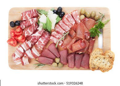 Charcuterie Board With Italian Deli Food Isolated On White Background