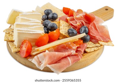 Charcuterie board. Wooden cutting board. Fruit and cheese platter. Cherry tomatoes and blueberries. Brie and parmesan cheese. Crackers and prosciutto. Sliced cheese and deli meat gourmet party snack.  - Powered by Shutterstock