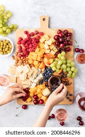 Charcuterie Or Cheese Board With Season Berries, Summer Party Snack Idea, Top Down View