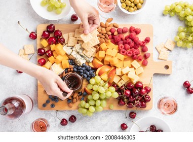 Charcuterie Or Cheese Board With Season Berries, Summer Party Snack Idea, Top Down View