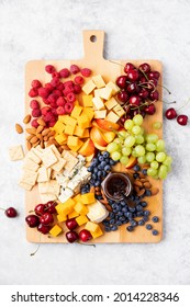 Charcuterie Or Cheese Board With Season Berries, Summer Party Snack Idea, Top Down View