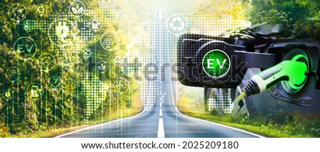 Charge EV electric car hybrid technology concept. Station drive clean energy nature with map icon illustration EV electronic vehicle future green eco environment friendly power blur banner background 
