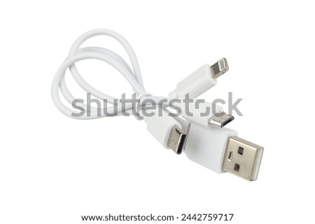 charging cable, 3 in 1, mini USB, Lightning cable, Type-C, isolated from background