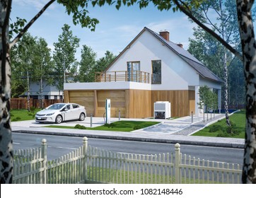 Charging an electric car in front of your house cool mood - Shutterstock ID 1082148446