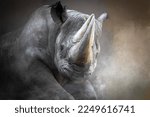 a charging rhino in a cloud of smoke